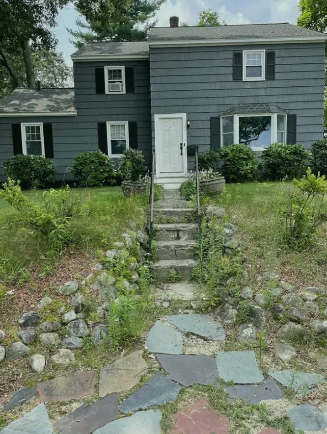 Front Yard Landscape Transformation before - An overgrown, weed-choked front yard cleared and rebuilt — fresh mulch beds, new plantings, and a clean natural-stone walkway framing the entry.